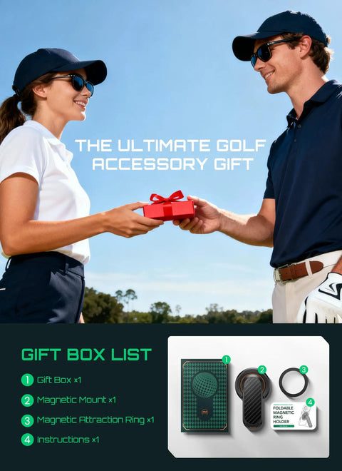 Couple exchanging gift box with Magnetic Golf Cart Phone Holder With Dual Sided MagSafe Mount, ideal golf accessory.