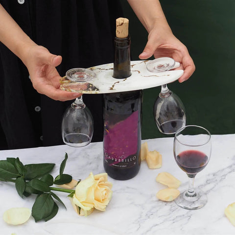 Two Pack Classic Wine Caddy Router Templates holding glasses and bottle, made of acrylic for kitchen inlay and DIY woodworking projects.