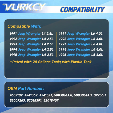 Jeep Wrangler Fuel Pump Assembly compatibility chart for 1991-1995 models L4 2.5L L6 4.0L 20 gallon gas tank and OEM part numbers.