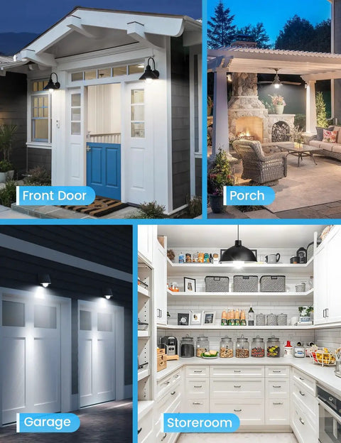 Motion Sensor LED Bulbs E26 Base Dusk To Dawn Activation Auto Light Up When Motion Is Detected At Night 8 To 16 Feet Range Turns Off After 30 To 45 Seconds Energy Efficient Long Lasting Security Lighting For Indoor Or Outdoor Use installed in front door, porch, garage, and storeroom
