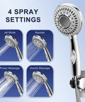 Hella Durable Shower Head Sink Faucet Bathtub Sprayer Attachment With Nine Adapters And Smart Diverter For High Pressure Bathroom Cleaning Pet Washing And Kitchen Cleanup No Fuss Setup showing four spray settings.