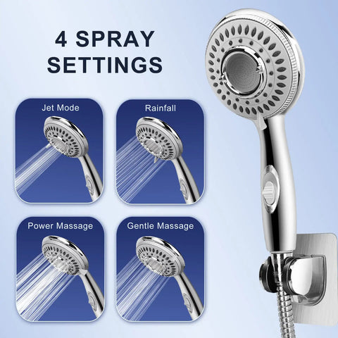Hella Durable Shower Head Sink Faucet Bathtub Sprayer Attachment With Nine Adapters And Smart Diverter For High Pressure Bathroom Cleaning Pet Washing And Kitchen Cleanup No Fuss Setup showing four spray settings.