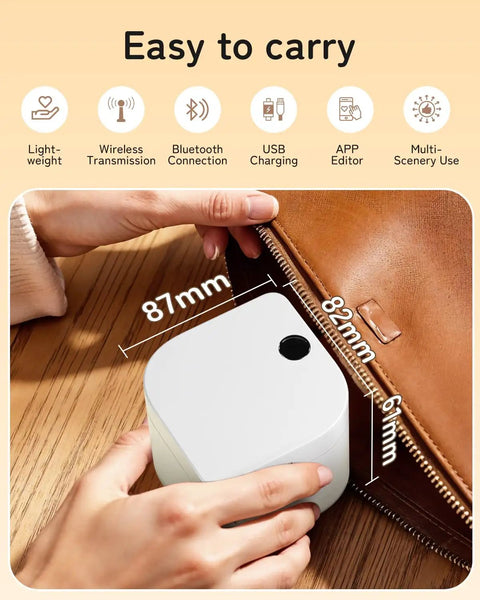 Compact Bluetooth Label Maker With Tape And Templates shown fitting in a bag, pocket-size thermal printer for versatile labeling.