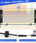 Six Foot Mini Pickleball Net Set with quick setup for indoor and outdoor play, shown fully assembled with close-up features.