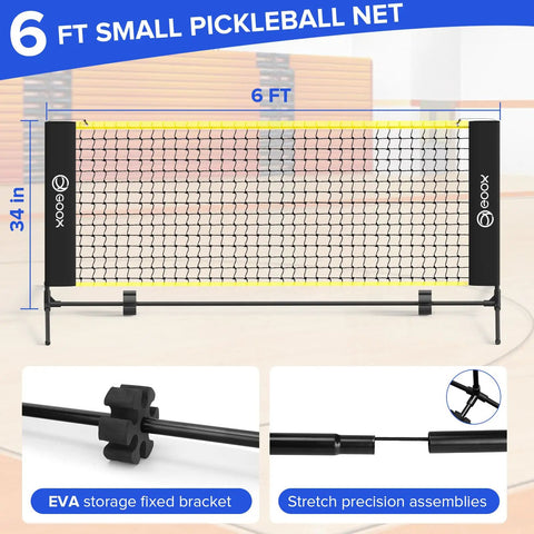 Six Foot Mini Pickleball Net Set with quick setup for indoor and outdoor play, shown fully assembled with close-up features.