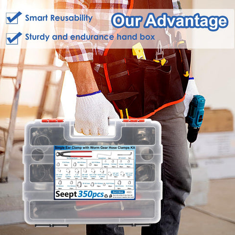Person holding All In One Hose Clamp Kit With 350Pcs 5.3 To 51Mm Single Ear And Worm Gear Clamps in a portable box for DIY projects