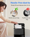 Image comparing reusable vacuum bag and traditional bag for Six Pack Reusable Vacuum Bags For Roomba I Series S Series J Series With Clean Base Automatic Dirt Disposal Replacement Bags For I7 I7 Plus I3 I3 Plus I4 I4 Plus I6 I6 Plus I8 I8 Plus J7 J7 Plus S9 S9 Plus.