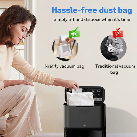 Image comparing reusable vacuum bag and traditional bag for Six Pack Reusable Vacuum Bags For Roomba I Series S Series J Series With Clean Base Automatic Dirt Disposal Replacement Bags For I7 I7 Plus I3 I3 Plus I4 I4 Plus I6 I6 Plus I8 I8 Plus J7 J7 Plus S9 S9 Plus.