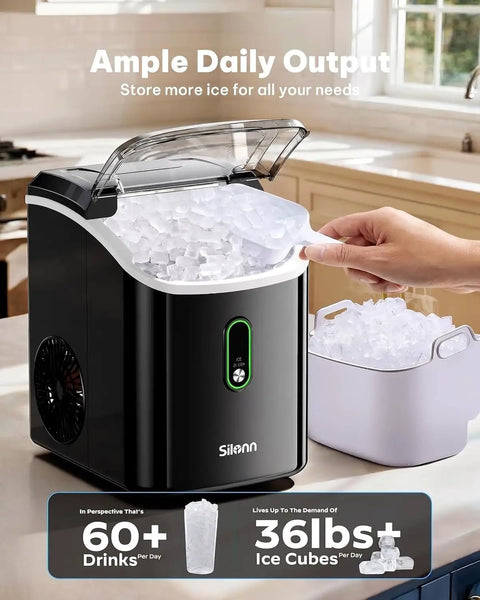 Real Deal Chewable Nugget Ice Maker Countertop Self Cleaning Fast Freeze Pellet Machine Cranks Out Thirty Six Pounds Daily Compact Black Gizmo with ice in use.