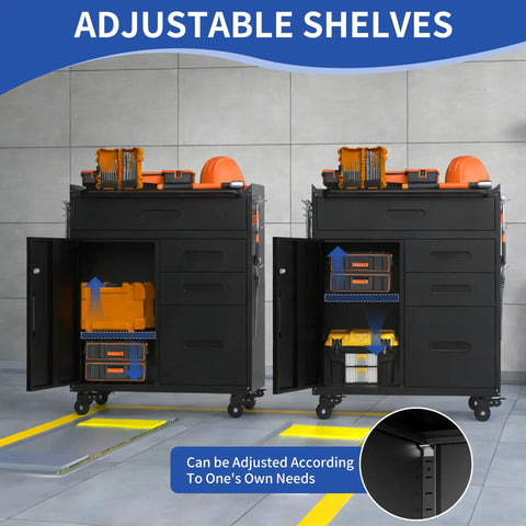 Beast Mode 30 Inch Tool Storage Cabinet With Lockable Drawers And Smooth Rolling Casters Ultimate Garage Locker Featuring Pegboard Panels And Locking Brakes For Secure Tool Stash And Easy Mobility In Black showing adjustable shelves and tools.