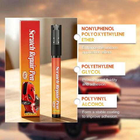 Weatherproof Car Scratch Removal Pen Kit with Fine Tip Brush displayed with packaging and key chemical components listed