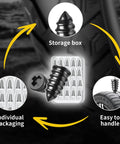 40 Piece Tire Repair Kit With Two Sizes Of Rubber Nails Includes Screw In Plugs Box And Driver DIY Fast Self Service Tire Patch Tool For Cars And SUVs No Tire Removal Needed Easy Quick Seal And Repair On The Go, showing nails, tire, packaging, and storage box.