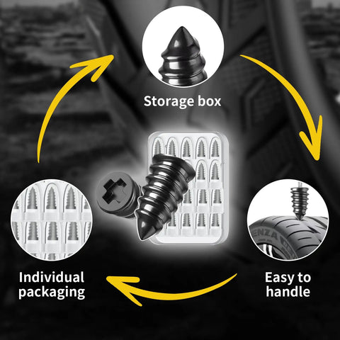 40 Piece Tire Repair Kit With Two Sizes Of Rubber Nails Includes Screw In Plugs Box And Driver DIY Fast Self Service Tire Patch Tool For Cars And SUVs No Tire Removal Needed Easy Quick Seal And Repair On The Go, showing nails, tire, packaging, and storage box.