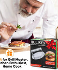 Chef using Stainless Steel Burger Press Round 6.2 Inch Smasher box near a plated burger, ideal for griddles and grills.