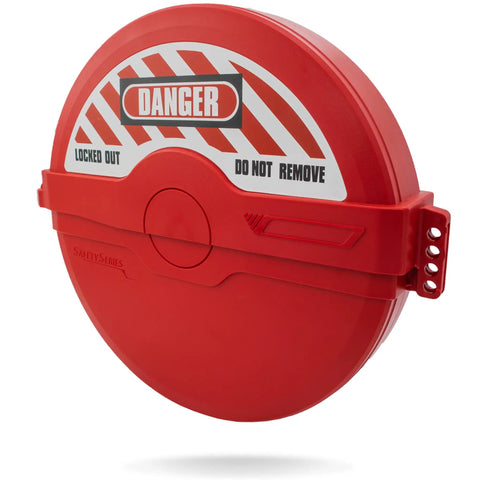 Gate Valve Lockout Kit For 10 To 13 Inch Valve Handles Red Lockout Tagout OSHA Compliant, showing red safety lock with warning label.