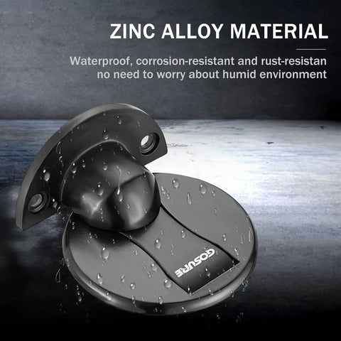 Heavy Duty Magnetic Floor Door Stopper That Keeps Your Door Locked In Place With Premium Peel And Stick Tape No Drilling Headache For House Or Work Space Black on a wet surface showing zinc alloy material.