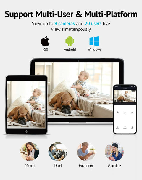 Indoor All-In-One Home Security Cam For Baby Monitoring And Pet Surveillance shown on various devices supporting multi-user viewing.