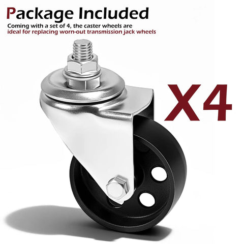 Beefy Cast Iron Transmission Jack Wheels Set Four Pack, 2.8 Inch Caster Wheels With Stem Mount, shown close-up with thread detail.