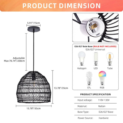 13.75-Inch Rattan Woven Pendant Light With Shades Boho Style Flush Mount Chandelier dimensions and bulb compatibility
