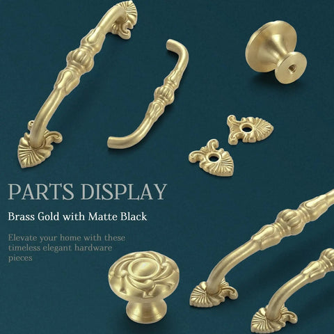Two Pack Antique Brass Cabinet Handles 3.75 Inch French Provincial Floral Drawer Pulls Old School Vintage Hardware Display