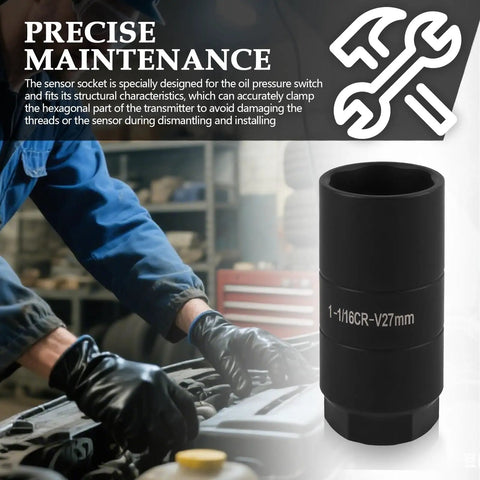 Killer Build Car Oil Pressure Sensor Socket With Three Eighth Inch Drive Anti Rust Twenty Seven Millimeter Size One One Sixteenths Inch Fit shown in use for precise maintenance.