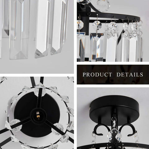 Crystal Raindrop Mini Chandelier Semi Flush Mount Ceiling Light details, black finish, E26 base, sparkling accents close-up