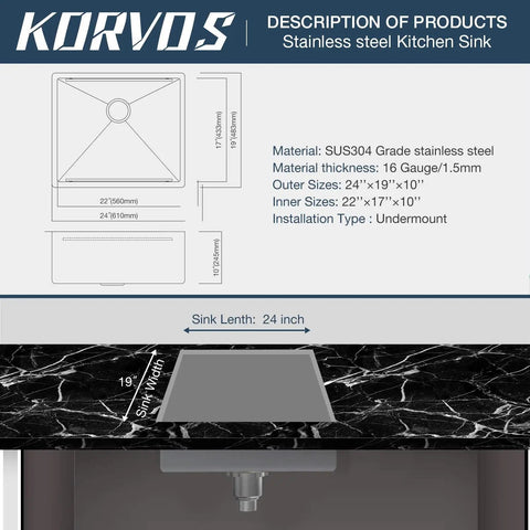 Diagram of Undermount Workstation Sink 24 Inch 16 Gauge SUS304 Stainless Steel Single Bowl Bar Kitchen Sink With Bamboo Cutting Board