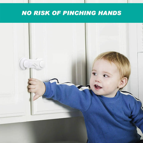Child testing Four Pack Child Safety Cabinet Locks For Baby Proofing Kitchen And Home With Ultra Strong Adhesive Tape.