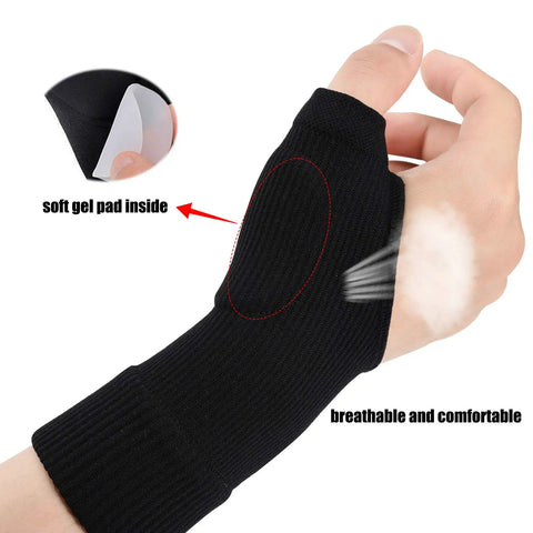 Wrist Thumb Compression Arthritis Gloves 1 Pair Breathable Wrist Support Fingerless Glove With Gel Thumb Pads shown on hand