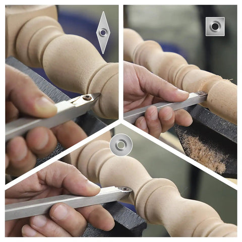 Close-up of Grab This Killer Mini Carbide Wood Lathe Turning Tool Set Featuring Rust Resistant Stainless Cutters in use on wood.