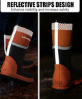 Steel Toe Rubber Boots For Men With Puncture Proof Steel Shank Waterproof Insulated 6mm Neoprene Work Boots With Reflective Strips For Farming Manufacturing And Construction Black Orange Size 8 showing reflective design in low light.