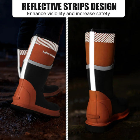 Steel Toe Rubber Boots For Men With Puncture Proof Steel Shank Waterproof Insulated 6mm Neoprene Work Boots With Reflective Strips For Farming Manufacturing And Construction Black Orange Size 8 showing reflective design in low light.