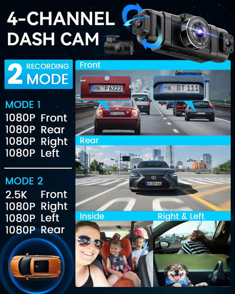 Four Channel Dash Cam With 360 Degree View And 1080P Front, Rear, Interior And Side Cameras For Cars, 8 IR Night Vision display
