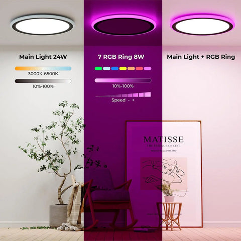 Dope RGB LED Flush Mount Ceiling Light With Remote Control, 13-Inch 24W 2400LM Dimmable Color Changing Fixture displayed in room