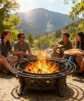 36 Inch Round Outdoor Fire Pit With Crossweave Design In Black Iron For Patio Backyard Garden And Camping Includes Spark Screen And Fire Poker For Cozy Bonfires And Warm Gatherings, group enjoying pizza around fire