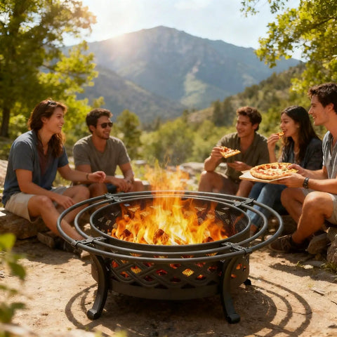 36 Inch Round Outdoor Fire Pit With Crossweave Design In Black Iron For Patio Backyard Garden And Camping Includes Spark Screen And Fire Poker For Cozy Bonfires And Warm Gatherings, group enjoying pizza around fire