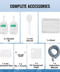 Complete accessories for Built Different Commercial Snowflake Ice Machine including buckets, shovel, bowl, and catchment box.