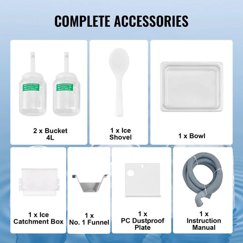 Complete accessories for Built Different Commercial Snowflake Ice Machine including buckets, shovel, bowl, and catchment box.