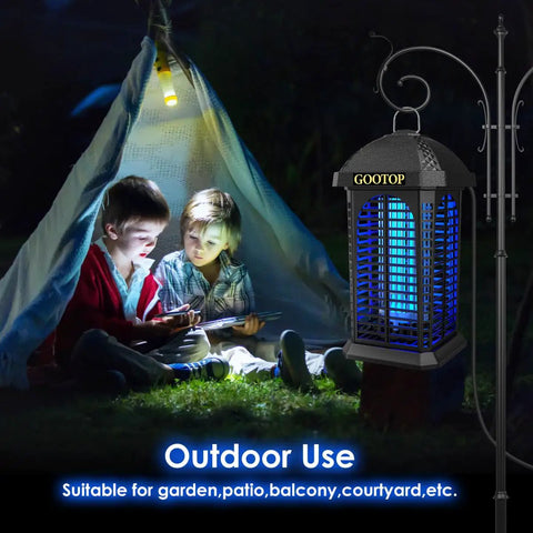 Outdoor Bug Zapper 4200V Electric Mosquito Zapper With Three Prong Plug, shown in use beside a tent for outdoor bug control.