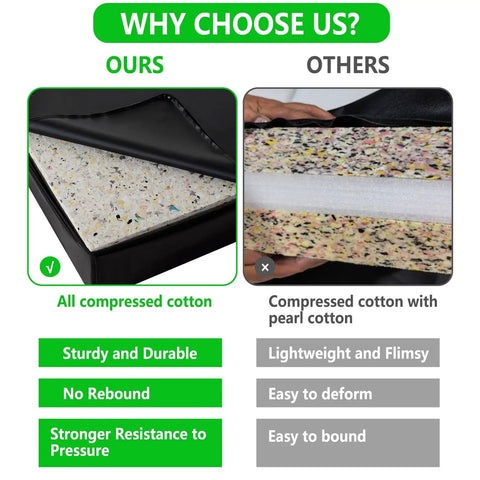 Comparison of heavy duty deadlift drop pads showing compressed cotton material versus flimsy alternative with pearl cotton.