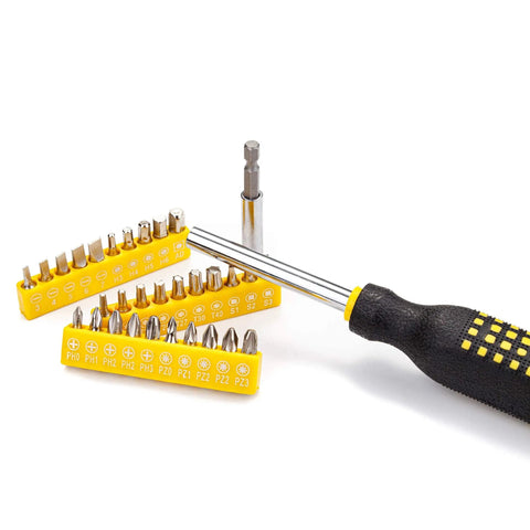 218 Piece Home Tool Kit With Plastic Toolbox Storage Case Yellow For Everyday DIY Repairs showing screwdriver bits