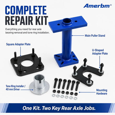 Pro Rear Axle Bearing Puller And Installer Tool Kit For Toyota Tacoma Tundra 4Runner Hilux T100 1995 To 2020 Fits Remove Wheel Bearings And Abs Tone Rings Using 4 Bolt Drive Blue Set Makes Job Quick So You Can Drive Without Stress. blue steel kit with puller stand, adapter plates, tone ring driver and mounting hardware