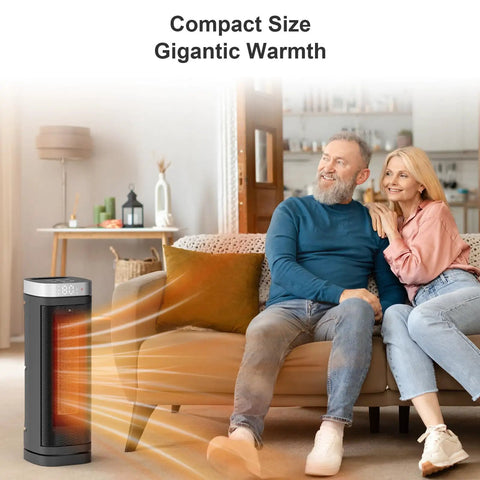 Ceramic Space Heater With Thermostat And Remote, 70 Degree Oscillation, 12 Hour Timer, heating living room with couple.