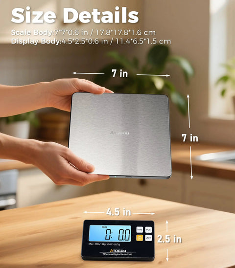 Wireless Kitchen Scale Detachable Display Pro Grade Large Platform 33Lb 15Kg Precise 0.1oz 1g 9 Units Counting Function Stainless Steel For Cooking Baking Shipping Silver shown with size details.