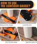 Steps showing how to use 10 Inch Contour Gauge With Lock For Copying Profiles In Woodworking, Flooring, Tile And Trim.