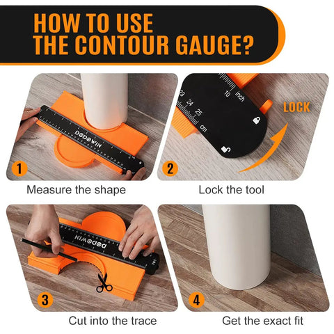 Steps showing how to use 10 Inch Contour Gauge With Lock For Copying Profiles In Woodworking, Flooring, Tile And Trim.