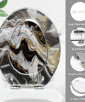 Elongated Toilet Seat for Bathroom with black and white marble design, 14.5" x 18.5", featuring stainless steel hinges.