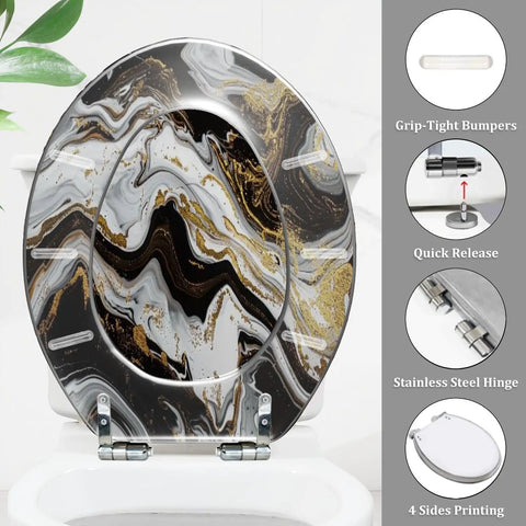 Elongated Toilet Seat for Bathroom with black and white marble design, 14.5" x 18.5", featuring stainless steel hinges.