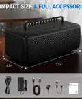 40W Desktop Amp For Acoustic Electric Bass And Mic With 52 Amp Models And 49 FX with accessories and dimensions shown