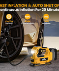 Cordless Tire Inflator Air Compressor for Cars and Bikes on the Go with 150 PSI, LED Light and Digital Pressure Gauge inflating a car tire